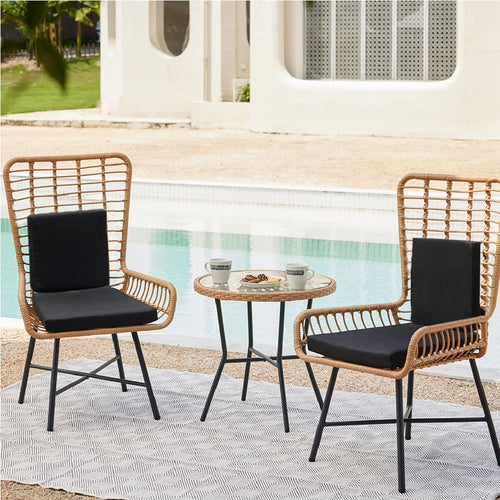 Set da Giardino Tavolino e 2 Poltrone in Polyrattan Nero e Naturale con Cuscini Casa Bar Hotel