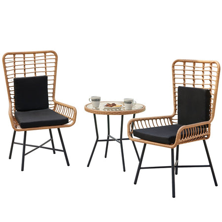 Set da Giardino Tavolino e 2 Poltrone in Polyrattan Nero e Naturale con Cuscini Casa Bar Hotel