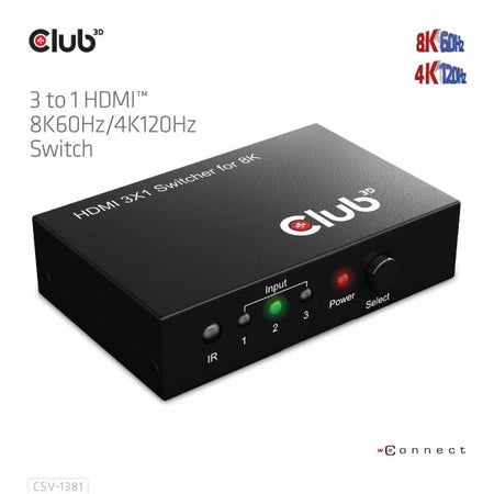 CLUB3D 3 to 1 HDMI 8K60Hz Switch switch per keyboard-video-mouse [kvm] Nero (Club3D HDMI Switchbox 3 Eingnge -> 1)