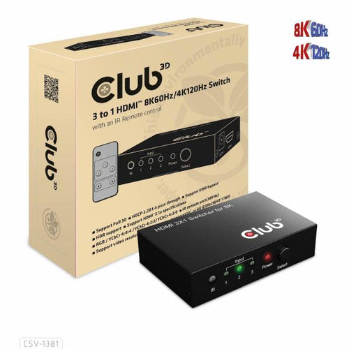 CLUB3D 3 to 1 HDMI 8K60Hz Switch switch per keyboard-video-mouse [kvm] Nero (Club3D HDMI Switchbox 3 Eingnge -> 1)