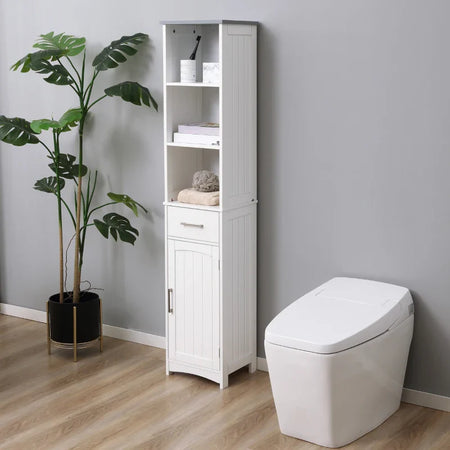 Armadietto Bagno con Scaffale a 3 Livelli, 1 Cassetto e 1 Mobiletto, 34x30x163cm AZ7834-364LGAZ7