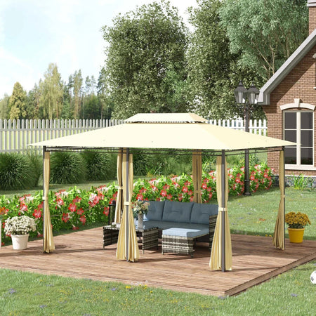 Gazebo da Giardino 3x4 m con Tende e Tetto a 2 Livelli Bianco Crema 01-0154