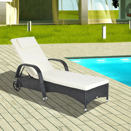 Lettino Prendisole da Giardino con Ruote, Sedia a Sdraio per Spiaggia con Altezza Regolabile in Rattan, Nero e Crema, 200x73x103cm  862-005BK