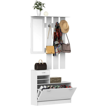Mobile d'Ingresso Moderno Guardaroba Set Appendiabiti, Specchio e Scarpiera 3 in 1, in Legno Bianco BN3831-146WTBN3