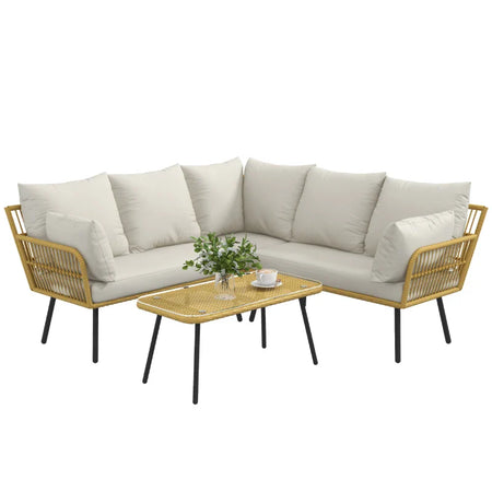 Set da Giardino 4 Pezzi in Rattan PE con Tavolino da Esterni 90x45x42 cm e 2 Divanetti per Esterni 6ex63x74 cm, Bianco Crema 860-324V00CW