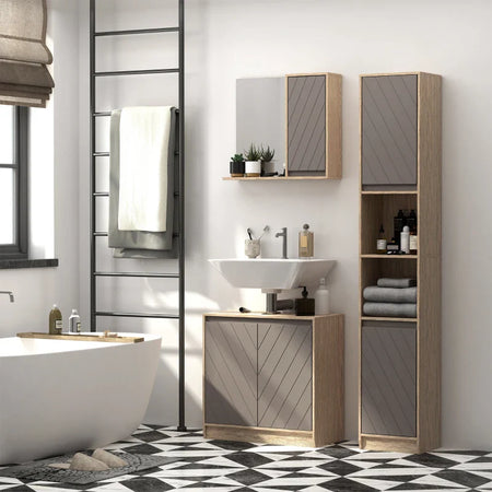 Mobiletto Salvaspazio per Bagno in Legno, Mobile da Bagno con 2 Armadietti e 6 Ripiani, Grigio e Rovere, Design a Torre 30 x 24 x 170cm QS5834-240QS5