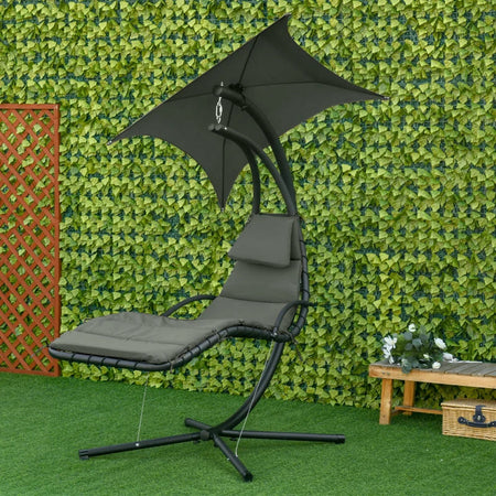 Poltrona Sospesa da Giardino con Tettuccio Orientabile a Protezione UV, Sedia a Dondolo Sospesa Imbottito per Esterno, Grigio Scuro 190x115x190 cm 84A-042CG