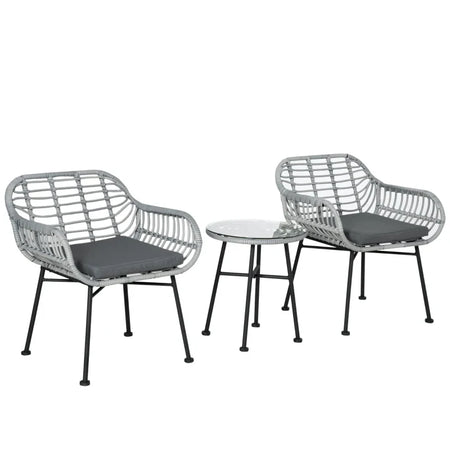 Set Mobili da Giardino in Rattan PE con 2 Sedie e Tavolino con Ripiano in Vetro, Grigio 863-085
