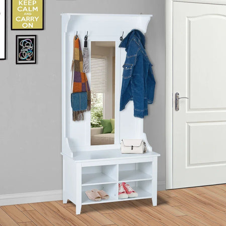 Appendiabiti Attaccapanni da Terra con Specchio Scarpiera 4 Ganci Legno 80x40x170cm Bianco HU7831-226HU7