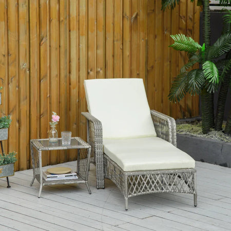 Set Lettino Prendisole e Tavolino in Rattan PE, Sdraio da Giardino Regolabile su 5 Posizioni e Tavolino a 2 Ripiani, Bianco Crema 862-054GY