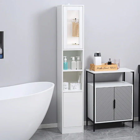 Colonna Bagno Salvaspazio in Legno con Specchio e Apertura a Pressione, 30x28x170cm, Bianco KL7834-461V01KL7