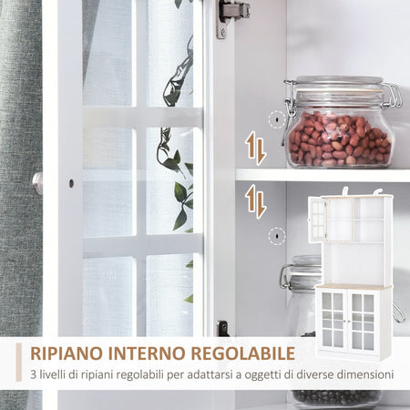 Credenza alta da cucina Moderna in Legno MDF Bianco con 2 Vetrinette 80 x 37 x 183 cm , mobile vetrina multiuso sala da pranzo soggiorno salotto ingresso ufficio studio F835-209A