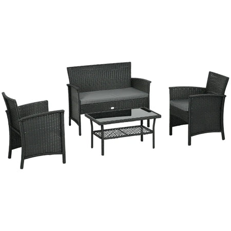 Salotto da Esterno Rattan PE con Divanetto, 2 Poltrone con Cuscini e Tavolino in Vetro, Nero e Grigio 860-331V00GY