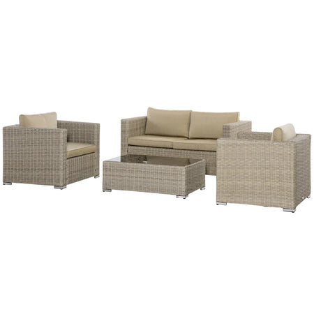 Set 4 Pz Salotto da Esterni in Rattan con 1 Divano, 2 Poltrone e 1 Tavolino, Kaki e Beige 860-211