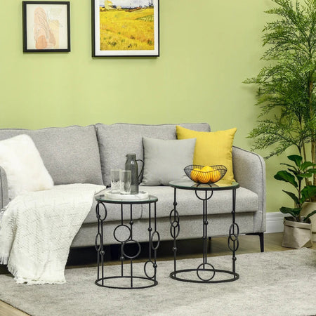 Set di 2 Tavolini da Caffè Impilabili in Metallo e Vetro Temperato Ø41x57cm e Ø36x51cm, Nero BG6833-674V00BKBG6