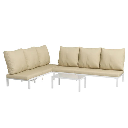 Set 2 Lettini Prendisole con Schienale Regolabile e Tavolino da Giardino in Vetro, Beige 84G-337V00BG