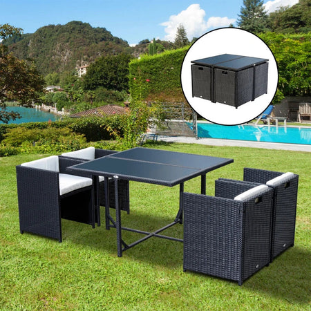 Set Mobili da Giardino 5pz Set Tavolo da Pranzo con 4 Sedie con Cuscini Combinabili a Rettangolo, Nero, 109x109x72 cm 863-008