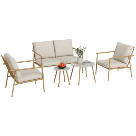 Salotto da Giardino con Divano, 2 Poltroncine e 2 Tavolini Effetto Bambù con Cuscini, Marrone 84G-272V00BN