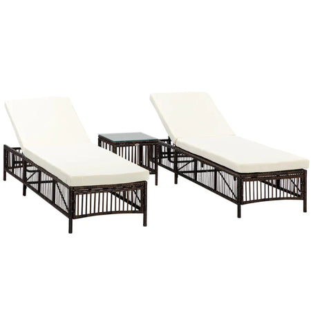Set 2 Lettini Prendisole con Cuscini Imbottiti e Tavolino in Rattan PE, Marrone e Beige 862-068V00MB