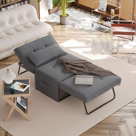 Divano Poltrona Letto 4Funzioni Pieghevole Salvaspazio Poggiapiedi Tasca Laterale Grigio Scuro