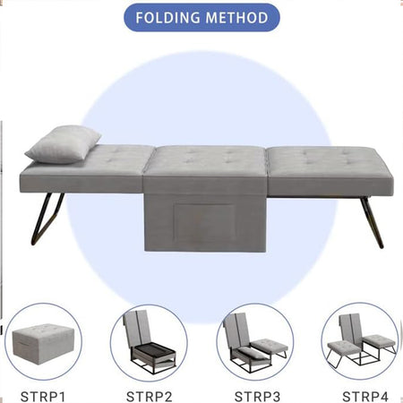 Divano Poltrona Letto 4Funzioni Pieghevole Salvaspazio Poggiapiedi Tasca Laterale Grigio Chiaro