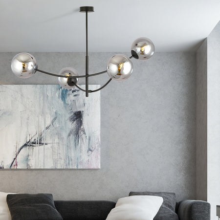 Sospenione Moderna 4 Luci Hunter In Acciaio Nero Bracci Regolabili E Vetro Fumè