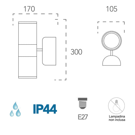 Applique da parete per esterno 2x60W E27 a doppia emissione argento Gazza