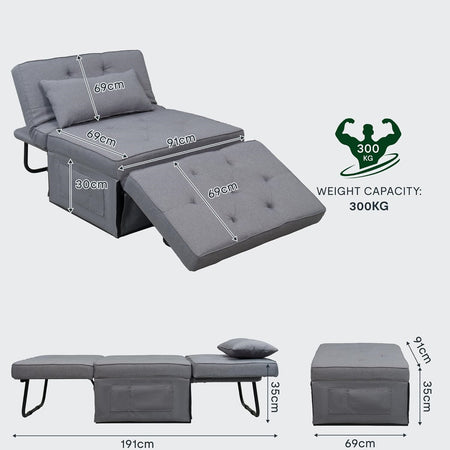 Divano Poltrona Letto 4Funzioni Pieghevole Salvaspazio Poggiapiedi Tasca Laterale Grigio Scuro