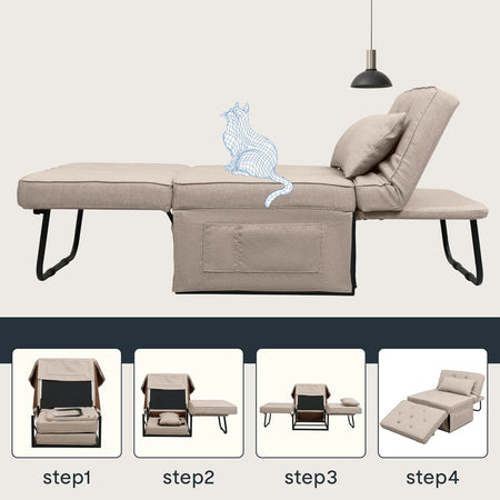 Divano Poltrona Letto 4Funzioni Pieghevole Salvaspazio Poggiapiedi Tasca Laterale Beige