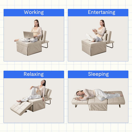 Divano Poltrona Letto 4Funzioni Pieghevole Salvaspazio Poggiapiedi Tasca Laterale Beige