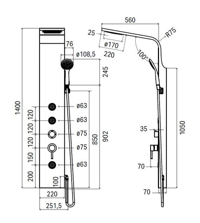 Pannello doccia Idromassaggio multifunzione Bianco