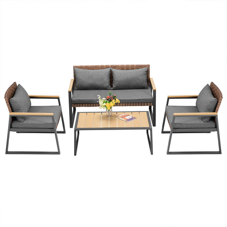 Set da Giardino 4pz Salotto Poltrone Tavolino Metallo e Polyrattan con Cuscini