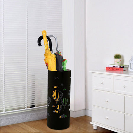 Porta Ombrelli Decorato H. 49 cm Metallo Verniciato Tondo Uso Interno Esterno Nero