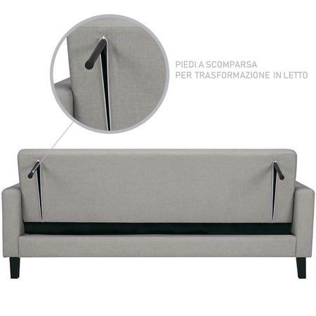 Divano Ribaltabile Letto Clik Clak 3 Posti 204cm Tessuto Imbottito Recliner Grigio Chiaro