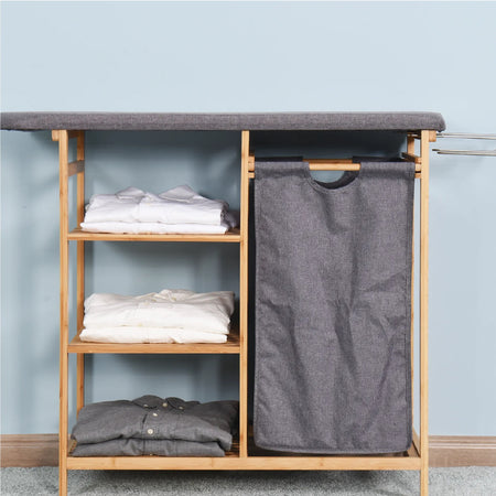 Asse da Stiro con Cesto Portabiancheria in Legno di Bambù 3ripiani 111x34x82 cm Grigio