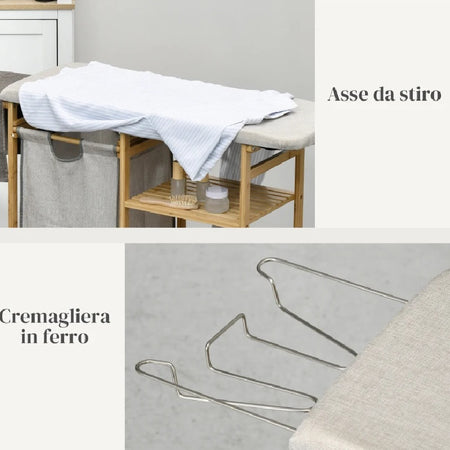 Asse da Stiro con Cesto Portabiancheria in Legno di Bambù 3ripiani 111x34x82 cm Grigio