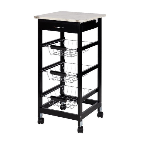 Carrello Cucina Legno 3 Cestelli Acciaio Top Effetto Marmo 1 Cassetto Salvaspazio