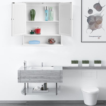 Specchio da Bagno 2ante 3 ripiani Bianco Mobiletto Specchiera Pensile 56x13x58cm
