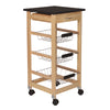 Carrello Cucina Legno 3 Cestelli Acciaio Top Nero 1 Cassetto Salvaspazio Noce Naturale