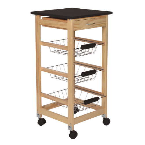 Carrello Cucina Legno 3 Cestelli Acciaio Top Nero 1 Cassetto Salvaspazio Noce Naturale