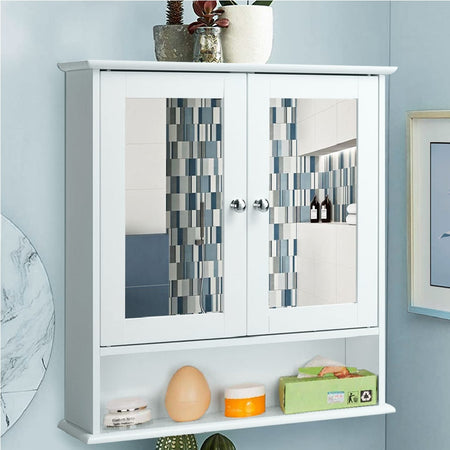Specchio da Bagno 2ante 3 ripiani Bianco Mobiletto Specchiera Pensile 56x13x58cm