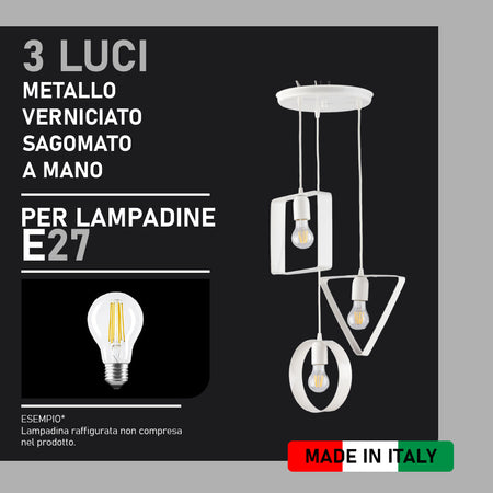 Lampadario 3Luci Metallo Verniciato e sagomato Moderno Altezza Regolabile Bianco