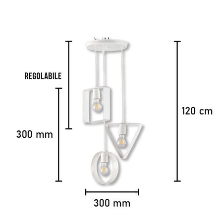 Lampadario 3Luci Metallo Verniciato e sagomato Moderno Altezza Regolabile Bianco