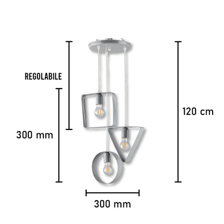 Lampadario 3Luci Metallo Verniciato e sagomato Moderno Altezza Regolabile Grigio