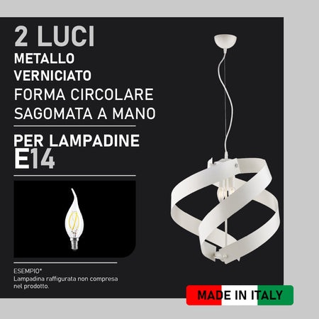 Lampadario a Sospensione in Metallo Verniciato, 2 luci, Circolare Sagomato 46W