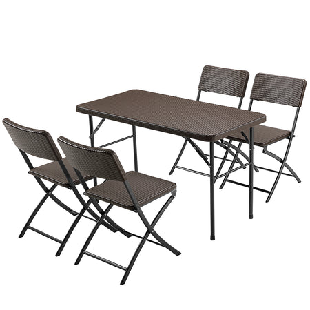 Kit da Giardino Pieghevole in Polyrattan Tavolo e 4 Sedie Interno Esterno Marrone