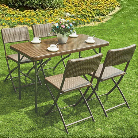 Kit da Giardino Pieghevole in Polyrattan Tavolo e 4 Sedie Interno Esterno Marrone