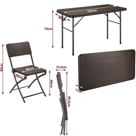 Kit da Giardino Pieghevole in Polyrattan Tavolo e 4 Sedie Interno Esterno Marrone