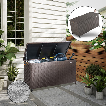 Cassapanca Baule Portaoggetti in Polyrattan XXL Resistente 2Ruote Maniglia Marrone