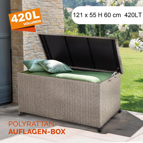 Cassapanca Baule Portaoggetti in Polyrattan XXL Resistente 2Ruote Maniglia Crema